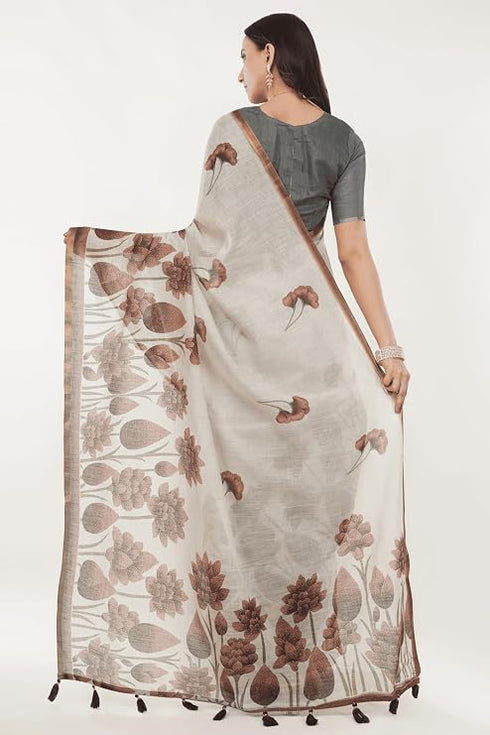 Vasthrlay Womens Off White Botanical Printed Linen Saree With Self Woven Border And Unstitched Blouse Piece