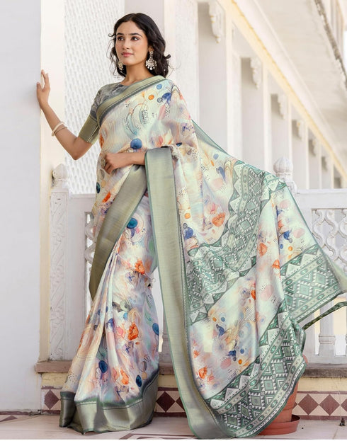 Vasthrlay Womens Printed Unstitched Beige Saree