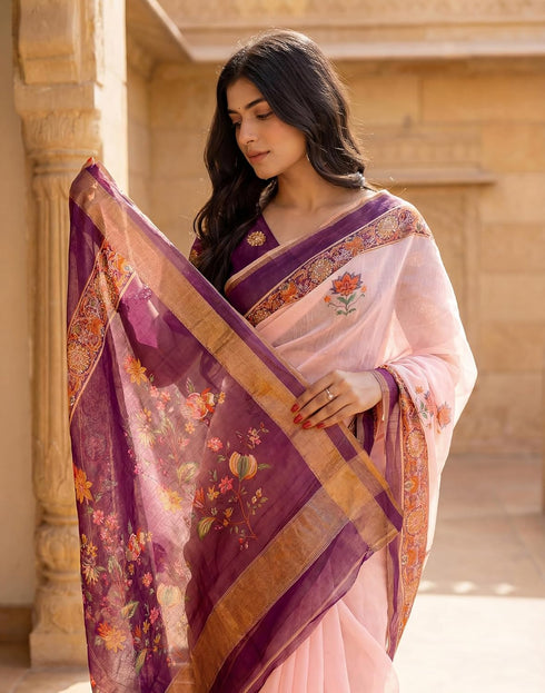 Vasthrlay Womens Printed Unstitched Peach Saree