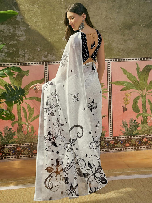 Vasthrlay Womens Printed Unstitched White Saree