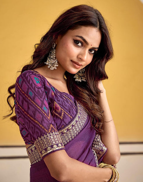 Vasthrlay Georgette Embroidery Unstitched Maroon Saree