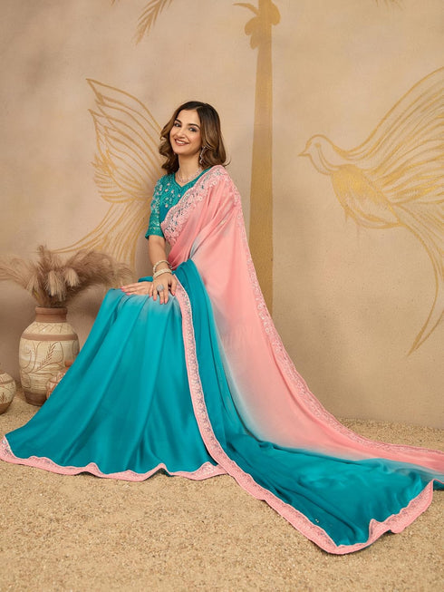 Vasthrlay Chiffon Embroidery Unstitched Turquoise Ethnic Wear