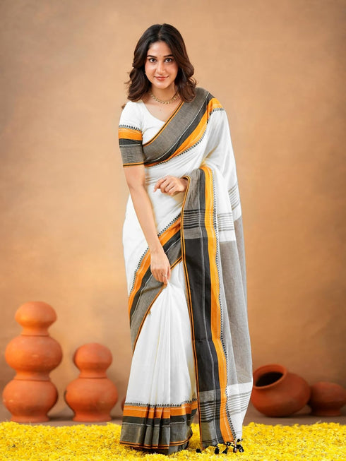 Vasthrlay Handloom Unstitched White Ethnic Wear