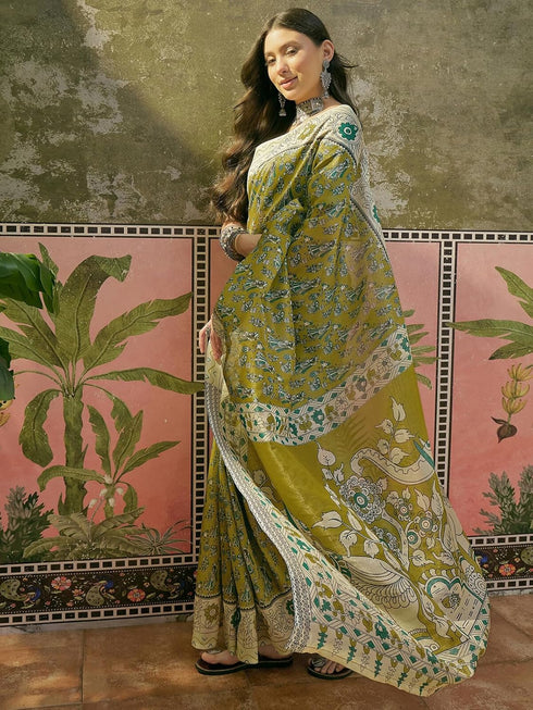 Vasthrlay Shimmer Printed Unstitched Lime Green Saree