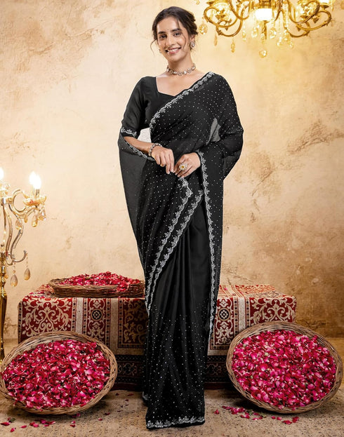 Vasthrlay Womens Georgette Unstitched Black Saree