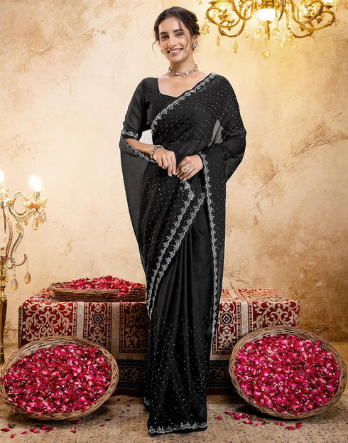 Vasthrlay Womens Georgette Black Saree With Unstitched Blouse Piece