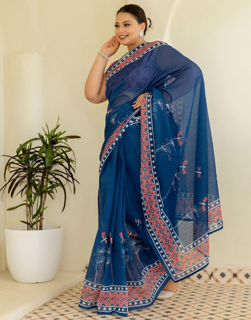 Vasthrlay Chanderi Printed Unstitched Blue Saree