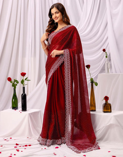 Vasthrlay Chiffon Scalloped Unstitched Maroon Saree