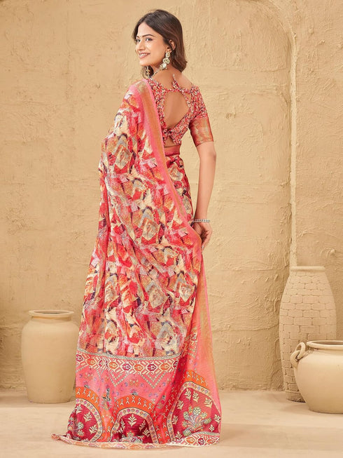 Vasthrlay Printed Jacquard Unstitched Dusty Pink Saree