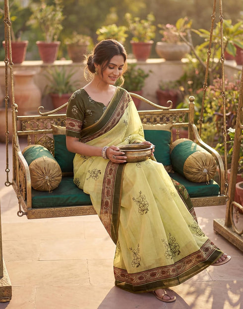 Vasthrlay Womens Printed Unstitched Olive Green Saree