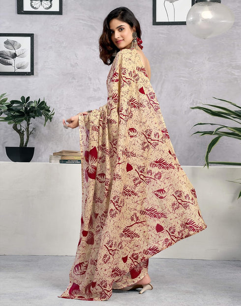 Vasthrlay Womens Printed Dark Beige Saree With Maroon Unstitched Blouse Piece