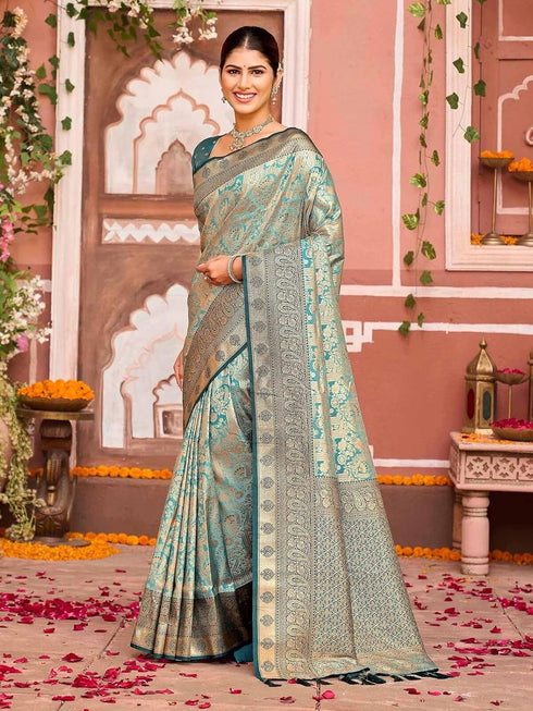 Vasthrlay Banarasi Light Turquoise Saree With Unstitched Blouse Piece