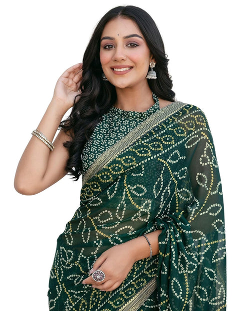 Vasthrlay Georgette Bandhani Green Saree With Unstitched Blouse Piece
