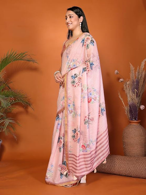 Vasthrlay Pink Floral Printed Design Linen Saree With Solid Unstitched Linen Blouse Piece