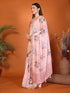 Vasthrlay Pink Floral Printed Design Linen Saree With Solid Unstitched Linen Blouse Piece