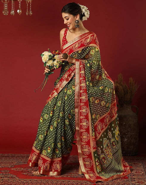 Vasthrlay Georgette Bandhani Olive Green And Red Saree With Unstitched Blouse Piece