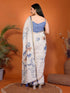 Vasthrlay Cream Kathakali Print Linen Saree With Gold Zari Border And Unstitched Blouse Piece