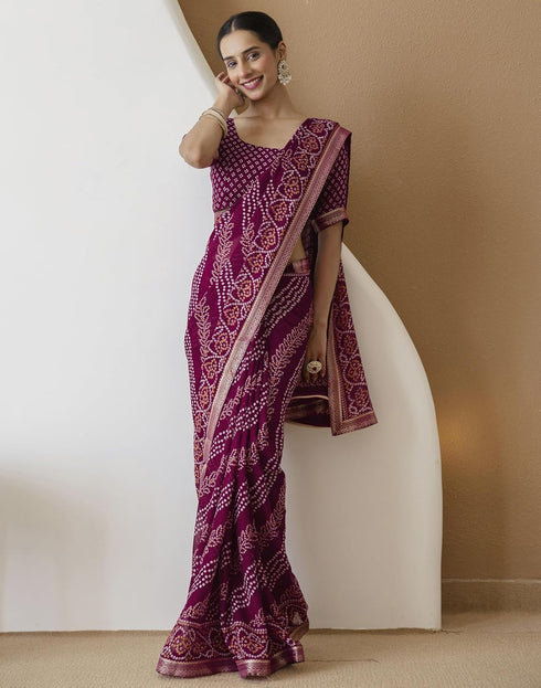 Vasthrlay Georgette Bandhani Unstitched Purple Saree