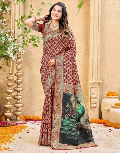 Vasthrlay Womens Weaving Maroon | Gold Saree With Unstitched Blouse Piece