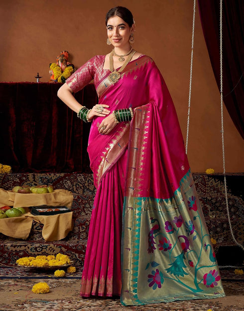 Vasthrlay Womens Paithani Unstitched Pink Saree