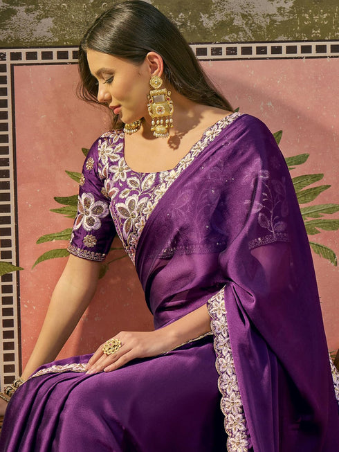 Vasthrlay Sequins Embroidery Unstitched Maroon Saree