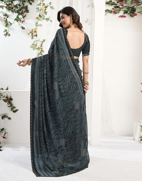 Vasthrlay Georgette Printed Black Saree With Unstitched Blouse Piece