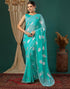 Vasthrlay Georgette Printed Turquoise Saree With Unstitched Blouse Piece