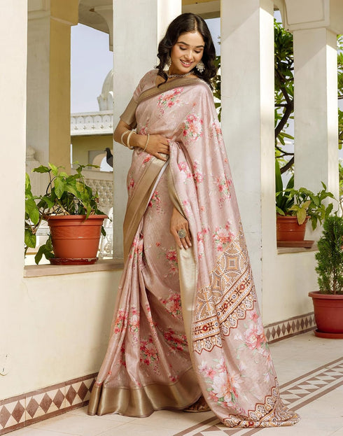 Vasthrlay Womens Printed Beige Saree With Unstitched Blouse Piece
