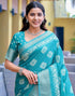 Vasthrlay Printed Weaving Turquoise And White Saree With Unstitched Blouse Piece