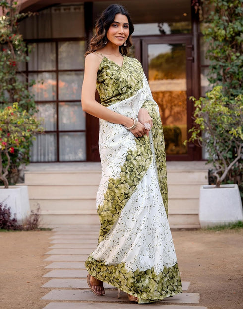 Vasthrlay Womens Printed Unstitched White Saree
