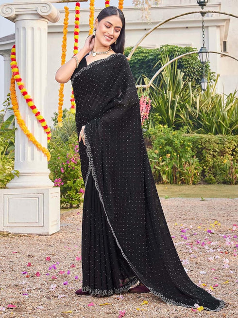 Vasthrlay Georgette Scalloped Unstitched Black Saree