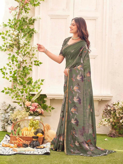 Vasthrlay Womens Printed Unstitched Sage Green Saree