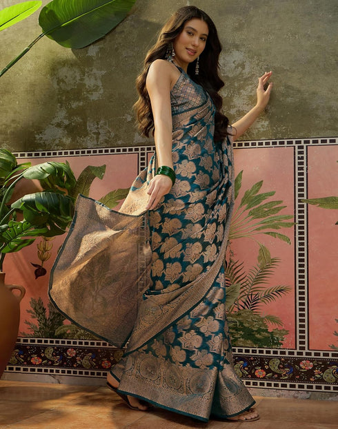 Vasthrlay Kanjivaram Jacquard Unstitched Rama Green Saree