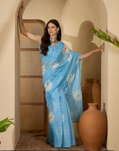 Vasthrlay Georgette Printed Unstitched Blue Saree