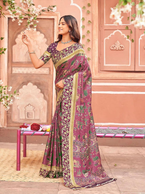 Vasthrlay Womens Printed Purple Saree With Unstitched Blouse Piece