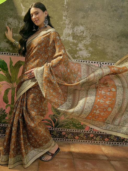 Vasthrlay Womens Printed Unstitched Beige Saree