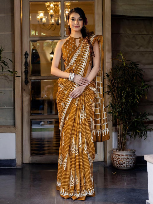 Vasthrlay Womens Printed Mustard Saree With Unstitched Blouse Piece
