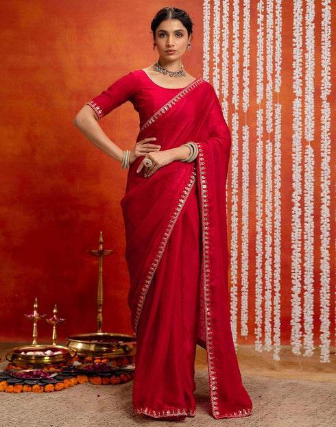 Vasthrlay Sequence Embroidery Unstitched Red Saree