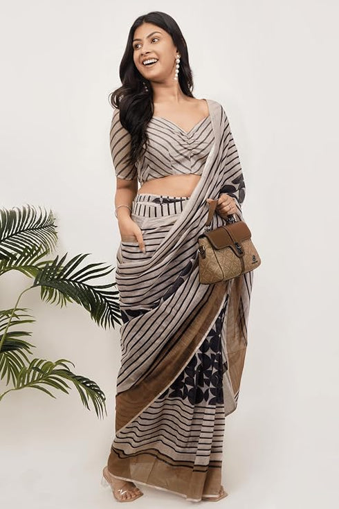 Vasthrlay Beige Multi Print Design Linen Ready To Wear Saree For Women