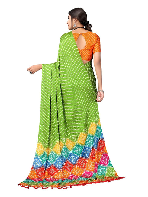Vasthrlay Bandhani Printed Parrot Green Saree With Unstitched Blouse Piece
