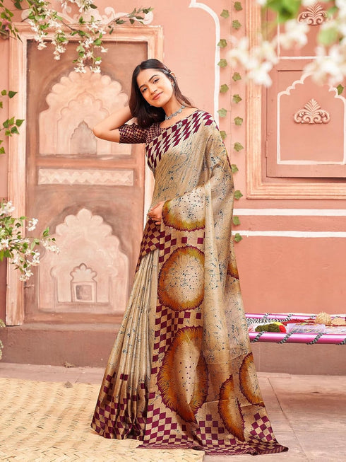 Vasthrlay Womens Printed Unstitched Dusty Pink Saree