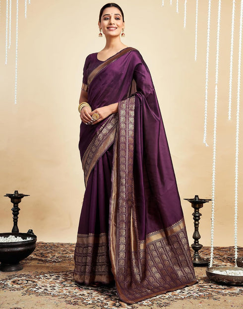 Vasthrlay Womens Banarasi Jacquard Wine Saree With Unstitched Blouse Piece