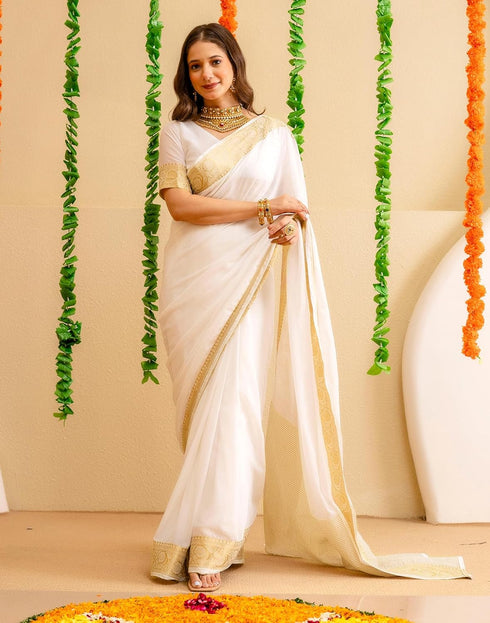Vasthrlay Special Weaving Unstitched Off White Saree