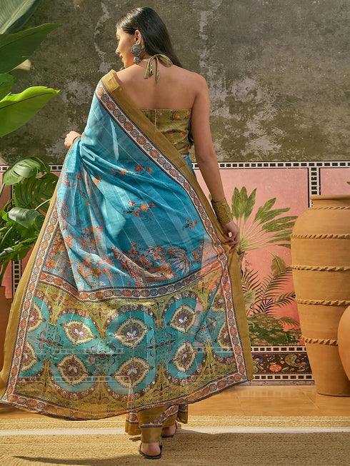 Vasthrlay Shimmer Georgette Sky Blue Saree With Unstitched Blouse Piece