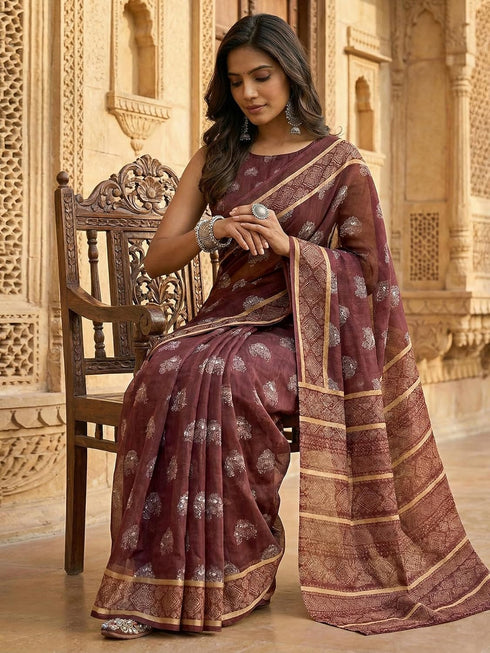 Vasthrlay Chanderi Printed Beige Saree