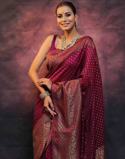 Vasthrlay Banarasi Kanjivaram Wine Saree With Unstitched Blouse Piece