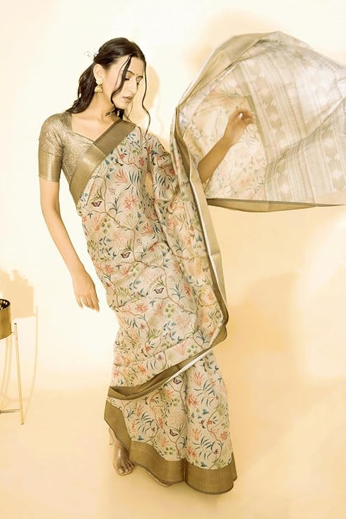 Vasthrlay Off White Textured Polyester Saree With Kalamkari Floral Panel| Zari Border And Unstitched Blouse Piece
