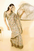 Vasthrlay Off White Textured Polyester Saree With Kalamkari Floral Panel| Zari Border And Unstitched Blouse Piece
