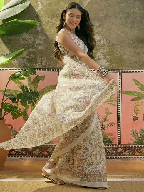 Vasthrlay Womens Printed Unstitched Beige Saree