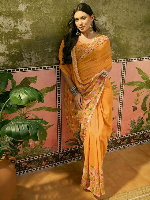 Vasthrlay Georgette Printed Unstitched Yellow Saree